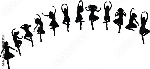 Black silhouette of a female dancer group gracefully performing an expressive ballet or modern dance routine in a curved arc vector illustration, depicting rhythmic movement