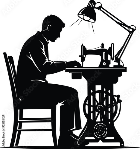 Black Silhouette of a Tailor or Seamstress Working at a Vintage Treadle Sewing Machine Under an Adjustable Lamp, Representing Craftsmanship, Garment Industry, and Manual Labor Vector