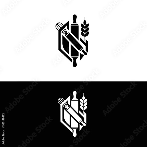 Monochromatic bakery logo with rolling pin, whisk, and wheat in a hexagonal frame.