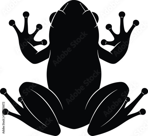 "High-contrast black frog silhouette illustration with detailed limbs and toe pads, bold vector amphibian design suitable for logos, nature themes, graphic projects, and wildlife concepts"