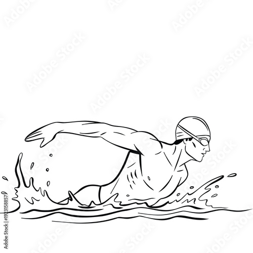 Line drawing of a swimmer performing a freestyle stroke with dynamic water movement. Ideal for concepts related to sports, training, and aquatic performance.