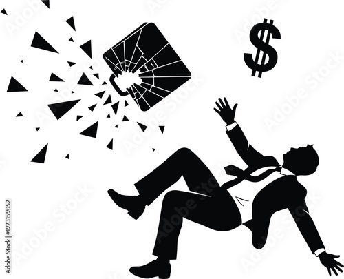 Black silhouette of businessman falling down with exploding briefcase and dollar sign, vector illustration depicting financial bankruptcy, economic crisis, and business failure concept