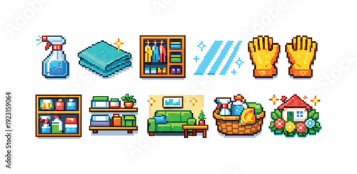 Home cleaning pixel icon set. Household chores, laundry, spring cleaning pixel icons