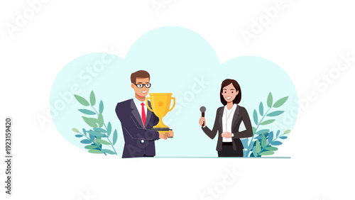 スーツを着た受賞者がトロフィーをもって感想を聞かれている