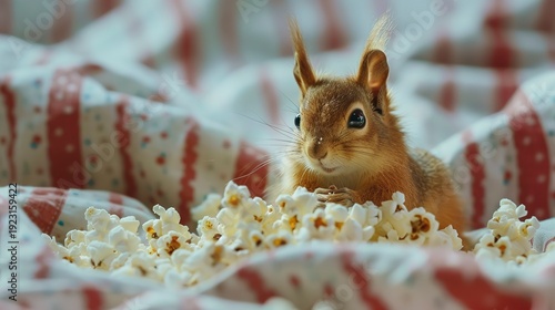 A photo of fresh popcorn on a striped napkin.