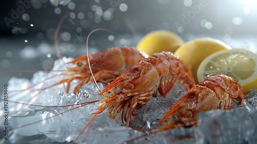 A photo of fresh seafood on ice with lemon