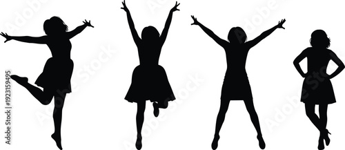 Black silhouette of four dancing girls celebrating joy and confidence, energetic child movement poses, freedom expression concept, isolated on white background design