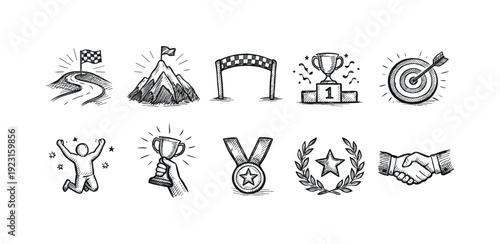 Achievement and success linear icon set. Awards, victory, goal outline symbols collection.