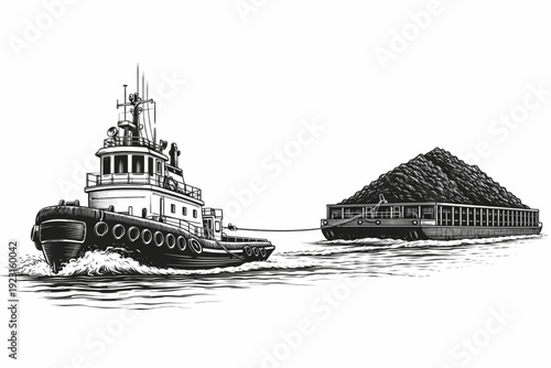 Tugboat towing coal barge through water