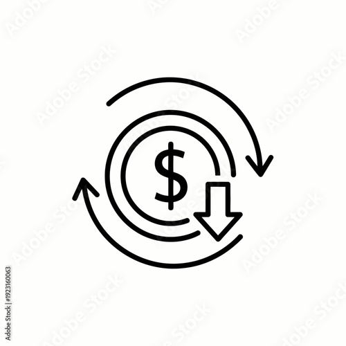 A modern financial concept icon featuring a downward arrow within a currency symbol