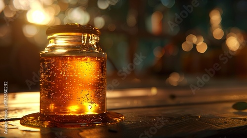 A photo of golden honey in a glass jar