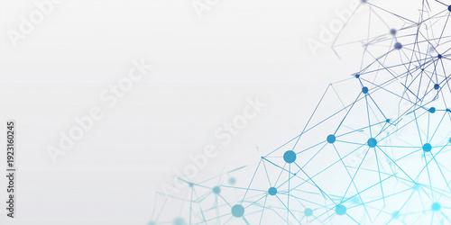 Modern geometric network connection background with blue nodes and thin lines representing cloud computing, internet of things IoT, and digital communication structure on white.