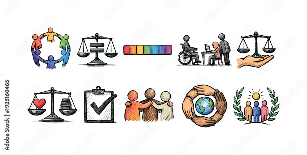 Fototapeta premium Diversity, inclusion flat icon set. Equality, accessibility, community support icons.