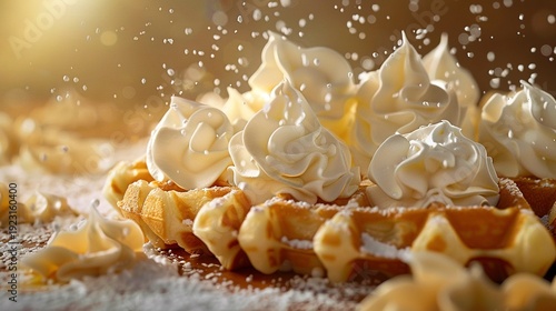 A photo of golden waffles topped with whipped