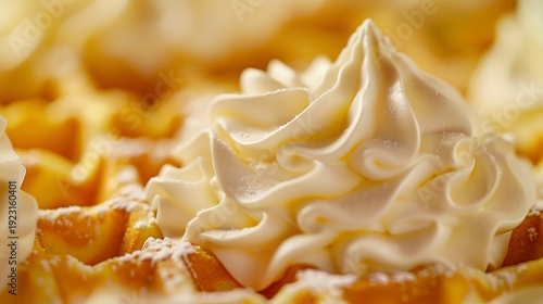 A photo of golden waffles topped with whipped