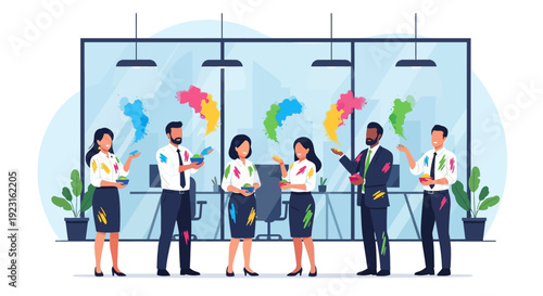 Illustration of a corporate team celebrating Holi with colorful powder in a modern office setting with a joyful atmosphere.