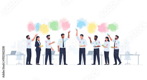 A group of business professionals celebrating Corporate Holi with colorful powder in an office setting, conveying a joyful and festive mood with a mix of bright colors and playful