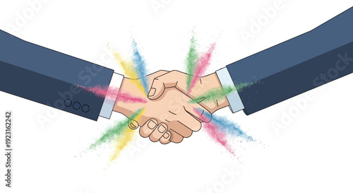 Vector illustration of two businesspeople shaking hands with colorful powder explosion in the background, symbolizing a corporate Holi celebration and teamwork.