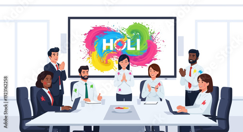 Illustration of a diverse business team celebrating Holi with colorful powder in a modern office, conveying a joyful and festive mood with a rainbow of colors.