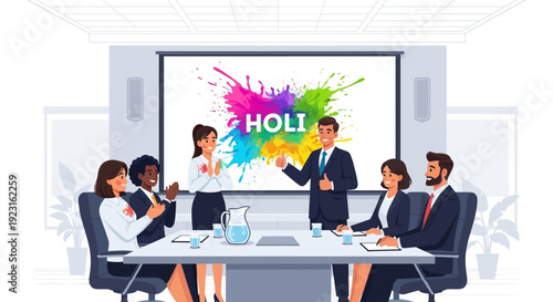 Illustration of a diverse business team celebrating Holi in a modern office with colorful powder and decorations on a presentation screen.