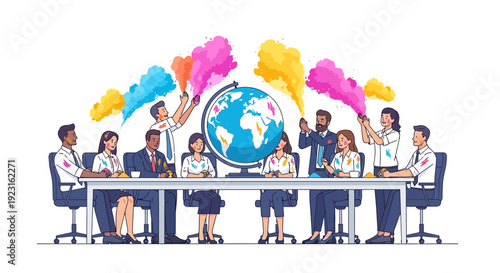 Illustration of a diverse business team celebrating Corporate Holi with colorful powder around a globe on a conference table in a vibrant and joyful scene.
