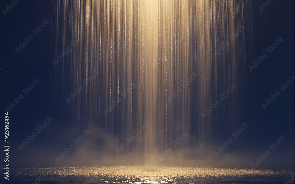 Fototapeta premium Golden light cascades down, illuminating misty ground below in serene, ethereal glow.