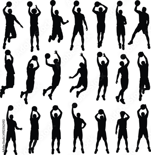 Collection of basketball player silhouettes in action poses isolated on white background, dynamic sports figures jumping, shooting, dribbling and dunking, athletic team activity concept
