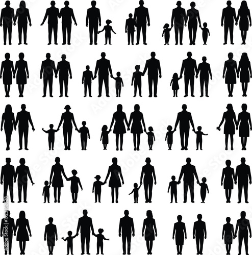 Collection of diverse family silhouettes holding hands symbolizing unity, love, support and togetherness in parent child relationships and community bonding concept illustration