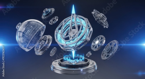 Wallpaper Mural Intricate mechanical components assemble dynamically around a glowing central mechanism against a dark blue background. Torontodigital.ca