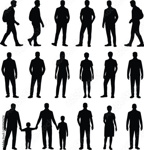 Collection of diverse human silhouettes including men women and family figures standing walking and holding hands isolated on white background for design use