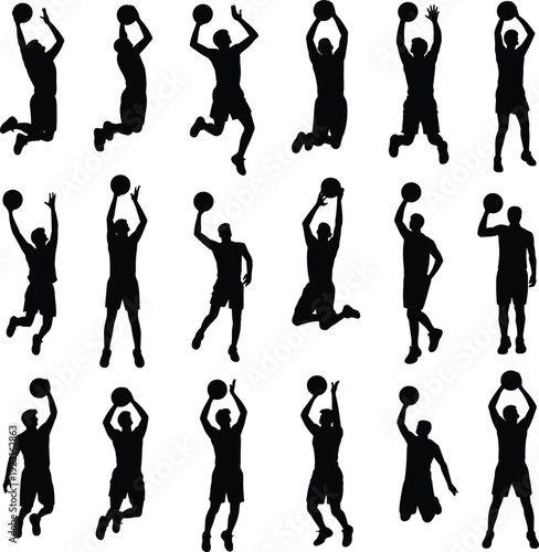 Collection of basketball player silhouettes in dynamic jumping, shooting and dunking poses isolated on white background, perfect for sports design and fitness concepts