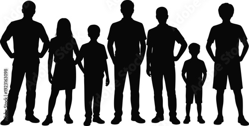 Group of diverse family silhouettes standing together in a row, symbolizing unity, community support, generational connection, teamwork, and social diversity isolated on white background