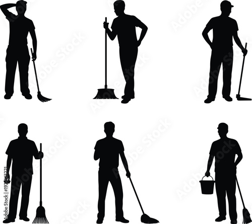 Cleaning worker silhouettes holding broom mop bucket collection, janitor maintenance service team set, people illustration concept