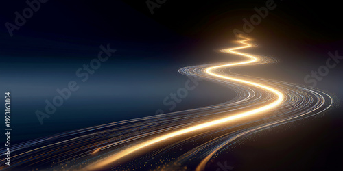 Winding Abstract Path of Golden Light Particles and Glowing Lines Representing Success Future Journey and Digital Connectivity on a Dark Blue Background Concept of Progress
