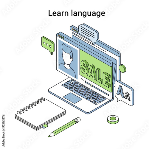 Online language learning illustration with laptop, notebook, and pencil showcasing sale offer