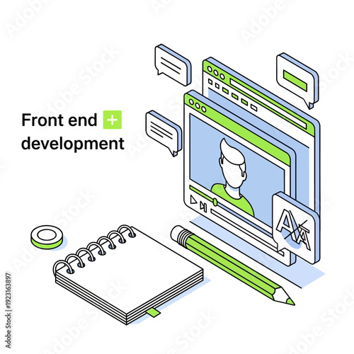 Illustration of frontend development process on computer screen with notebook and pencil