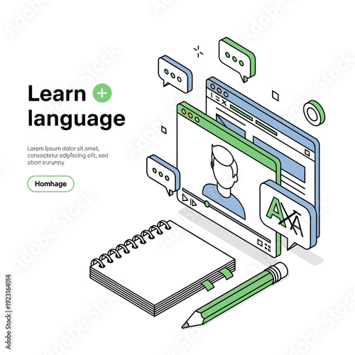 Learning language through interactive online lessons on a computer screen with digital chat bubbles and a notebook and pencil nearby.