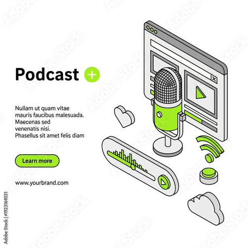 A digital illustration of a microphone and computer screen displaying a podcast with sound waves and Wi-Fi signals