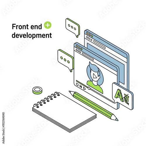A creative workspace with a notebook, pencil, and computer screens displaying front end development concepts from a top-down viewpoint
