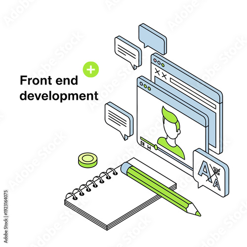 Front end development concept illustration with coding elements and design tools on a digital interface