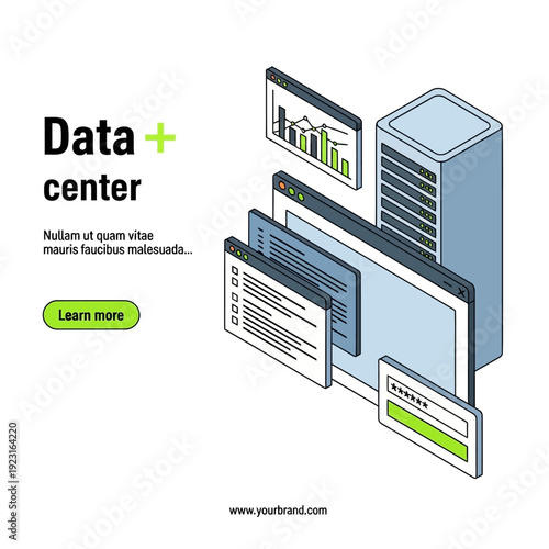 A 3D isometric illustration of a data center with multiple screens and a server from a slightly elevated viewpoint
