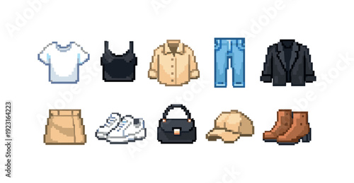 Fashion and clothing pixel icon set. Retro style apparel icons collection.