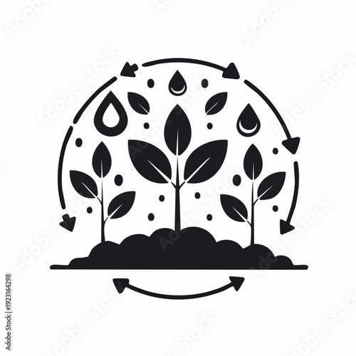 Dynamic illustration of plant growth cycle with watering and natural development. Emphasizing sustainable agriculture and ecological balance