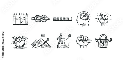 Success and achievement icon set. Goals, growth, motivation icons in outline style