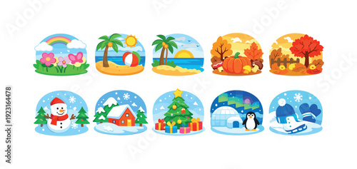 Seasonal celebration flat icon set. Nature, winter, summer, autumn icons collection.