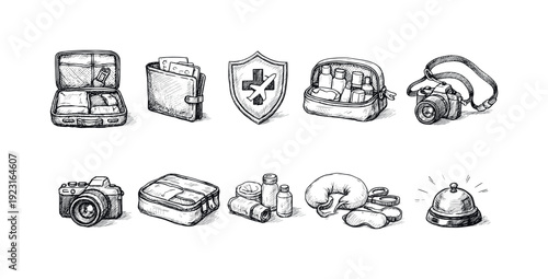 Vintage travel icon set. Retro, adventure symbols in sketch style collection