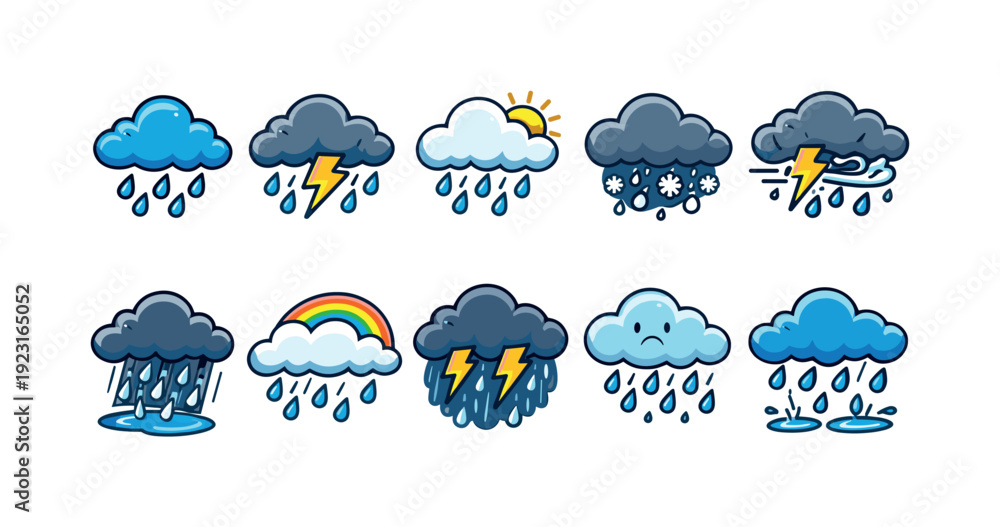 Obraz premium Weather forecast filled icon set. Rain, storm, cloud, and sun icon collection