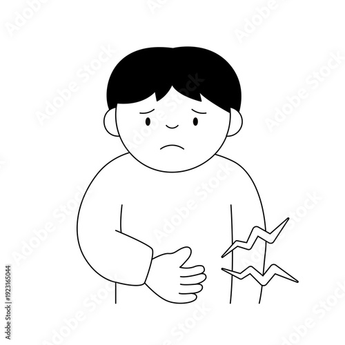 モノクロの線画イラスト | お腹が鳴って困っている空腹な男性のキャラクター | 腹痛やダイエットのイメージ