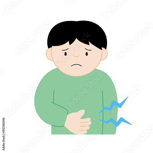 フラットデザインのイラスト | お腹を空かせてお腹の音に困る若い男性のキャラクター | 空腹や胃痛のメタファー