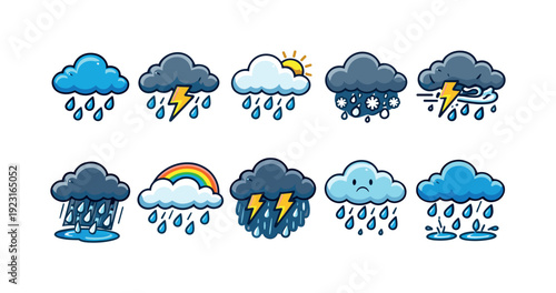 Weather forecast filled icon set. Rain, storm, cloud, and sun icon collection